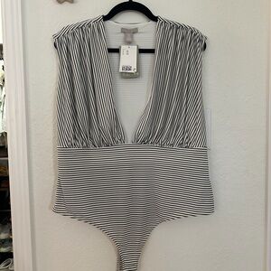H&M Black and White Striped V-Neck Bodysuit